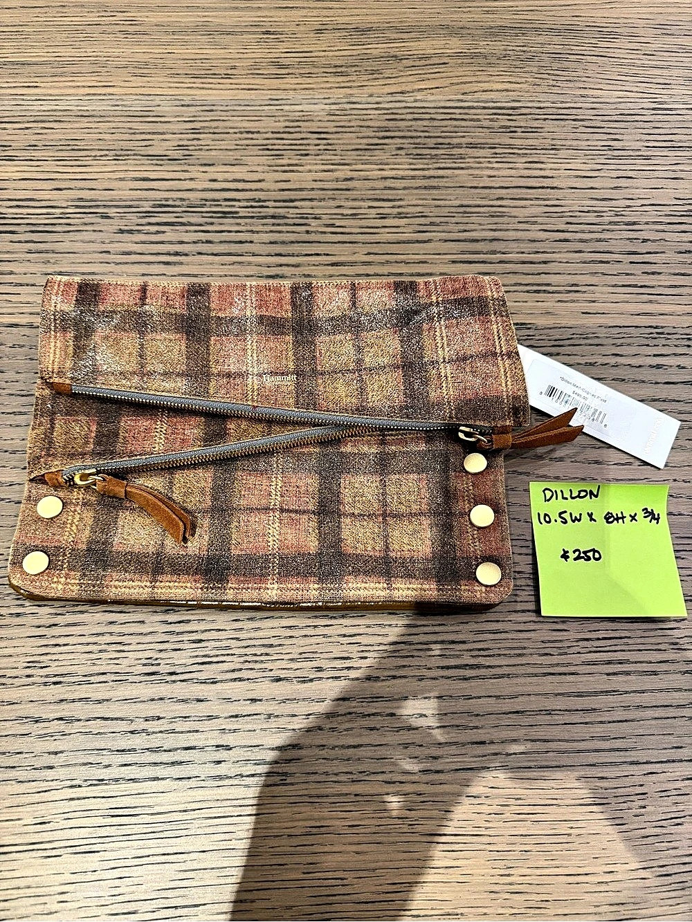 Hammitt Dillon Plaid Leather-Trim Crossbody Clutch NWT in Cognac